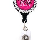 Retractable ID Badge Holder - Personalized RN LPN etc Textured Pink - Swarovski Rhinestones