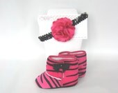 Cutie Patootie Headband & Bootie Set (6-9 month size, hot pink zebra)
