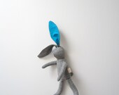 Small Bunny Rabbit doll soft fabric doll baby toddler grey wool Bright turquoise cotton OOAK upcycled eco-friendly bubynoa Best Friend