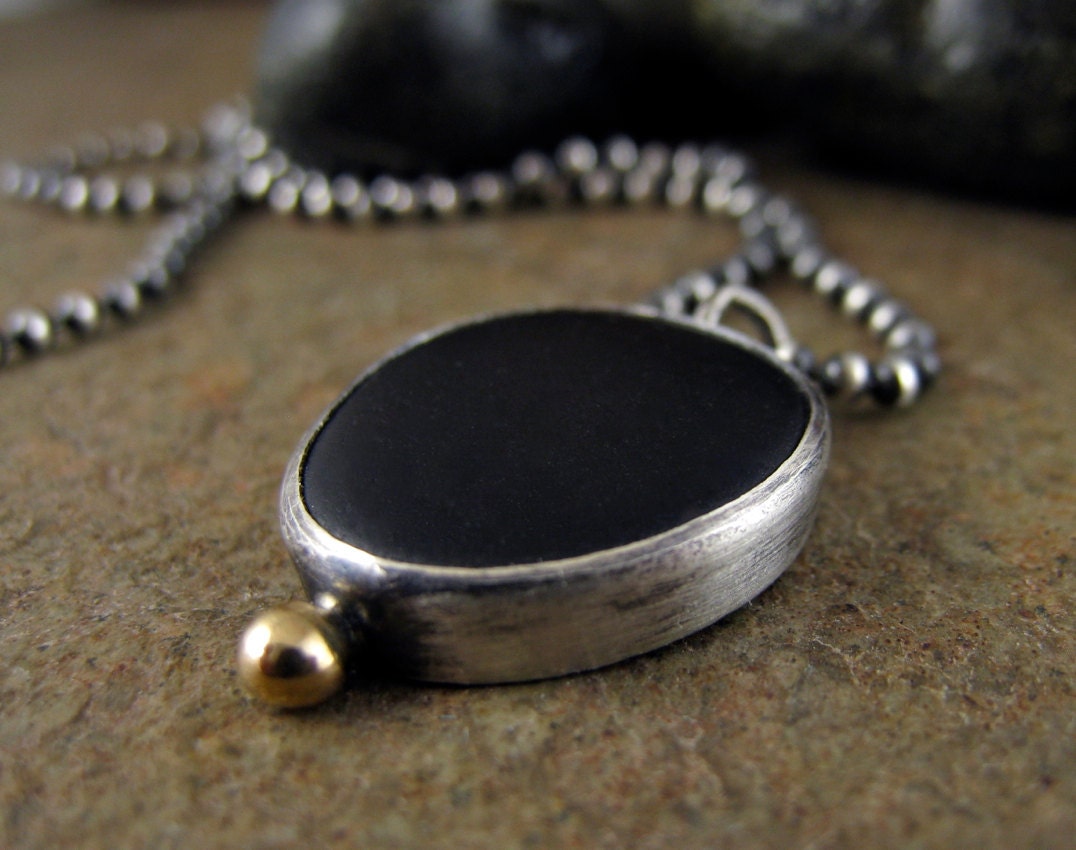 Bezel Set Black Beach Stone Necklace, Pebble Rock Necklace, Sterling Silver & Solid 14k Yellow Gold Beach Jewelry Handmade Metalwork