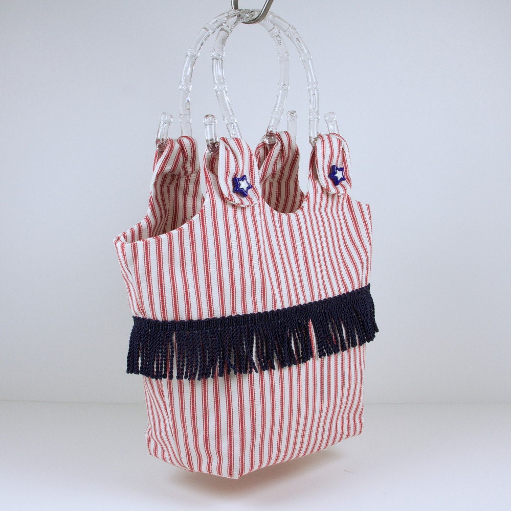 Ladies Red Handbag, White Striped Purse, Summer Tote, Womens Day Bag