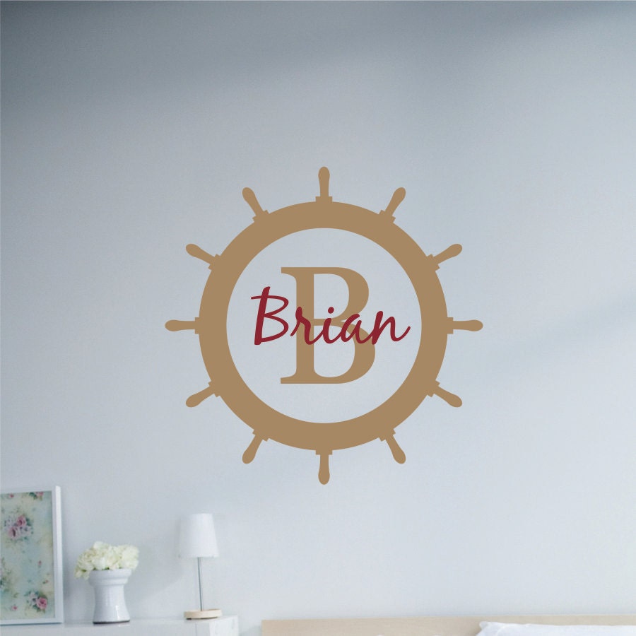 Monogram Wall Decal Personalized Ships wheel 22 inch Round Vinyl Wall Art boys Nautical monogram