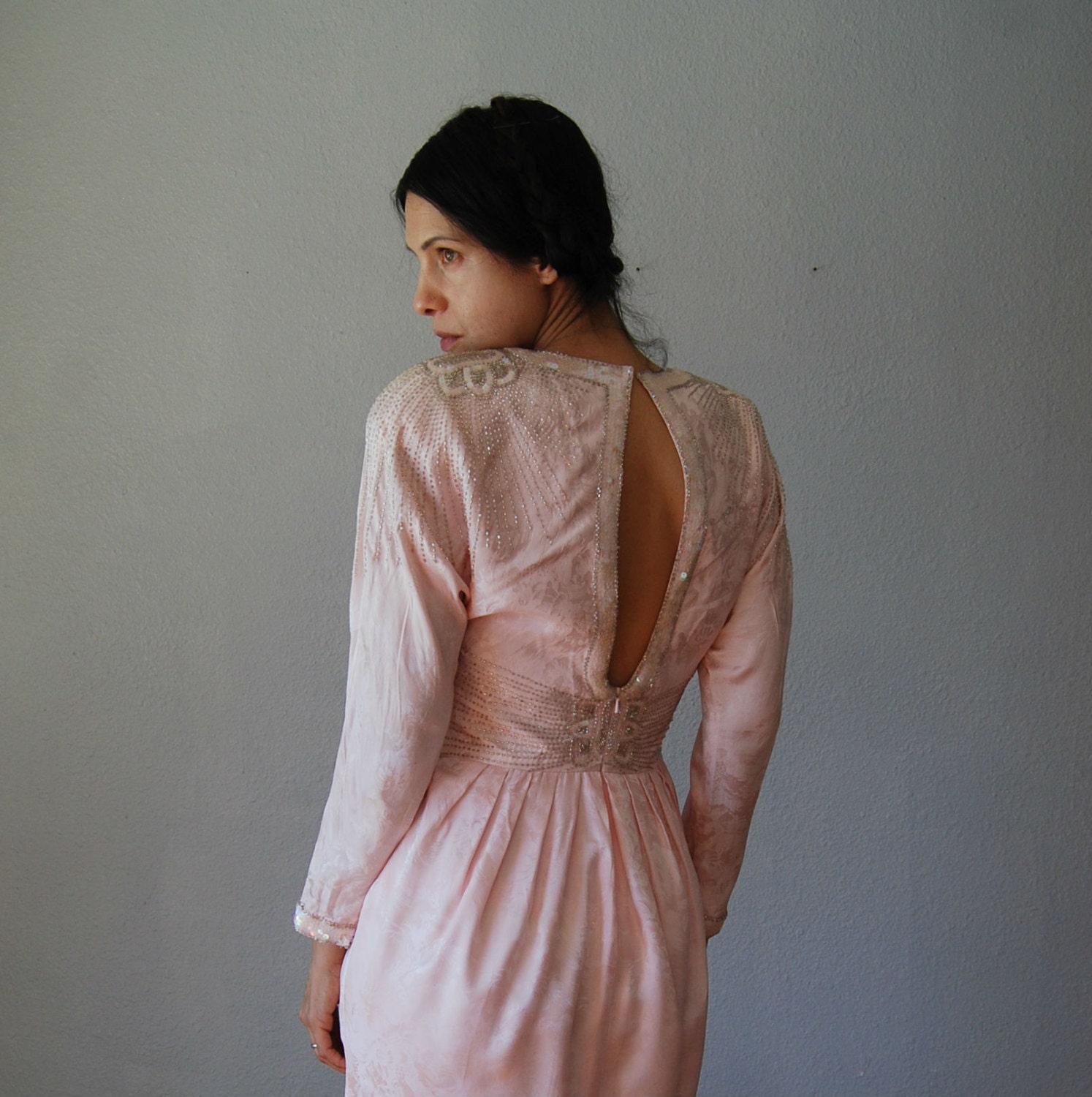 vintage CUTOUT sequin FLAPPER dress /  pink SILK brocade party dress