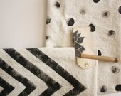 Set of 2 Hand Printed Tea Stained Dish Towels - Chevron - Polka Dot - Black - Tan - Mothers Day Gift