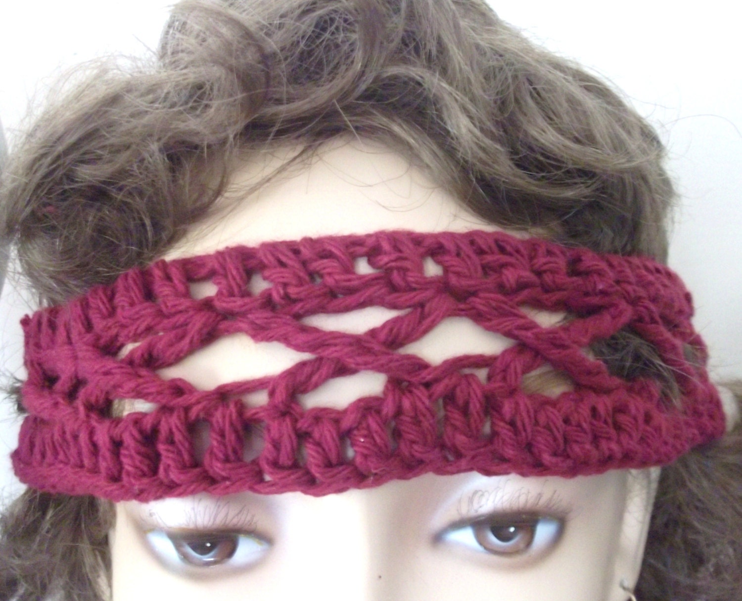 Hand Crochet Head Band In Burgundy Cotton