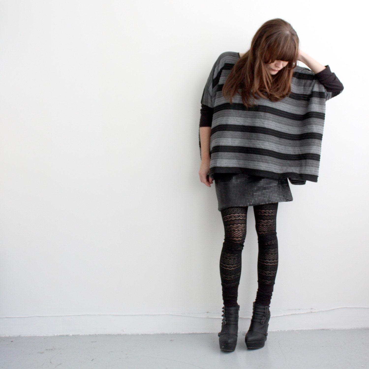 Box T - Pleated Black and Grey Stripe with Bamboo Jersey sleeves - One Size