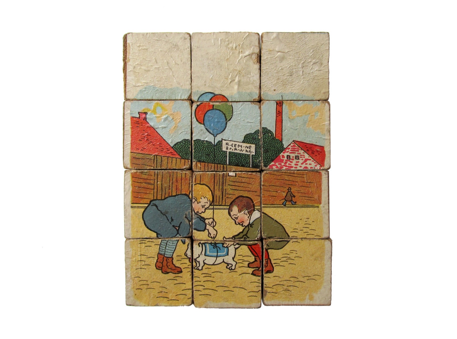 Antique PICTURE PUZZLE BLOCKS - Set of 12 Lithographed Picture Blocks