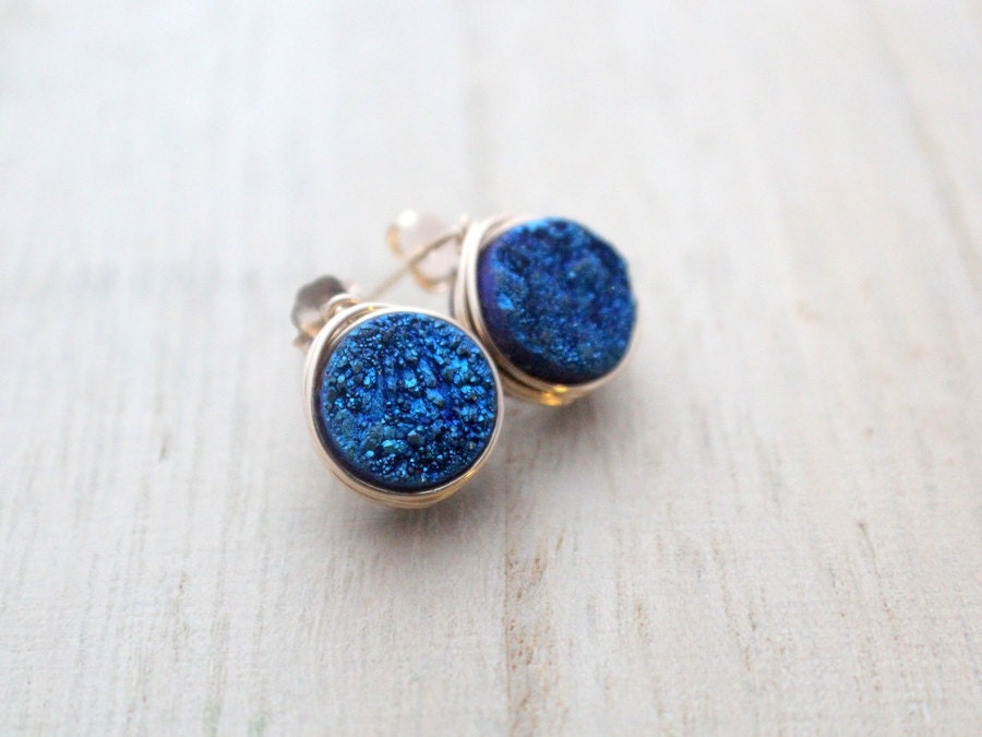 Druzy Studs, Bezel Wrapped Cobalt Blue Titanium Druzy Agate In 14k Gold Fill, Minimalist Fashion