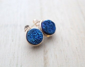 Druzy Studs, Bezel Wrapped Cobalt Blue Titanium Druzy Agate In 14k Gold Fill, Minimalist Fashion