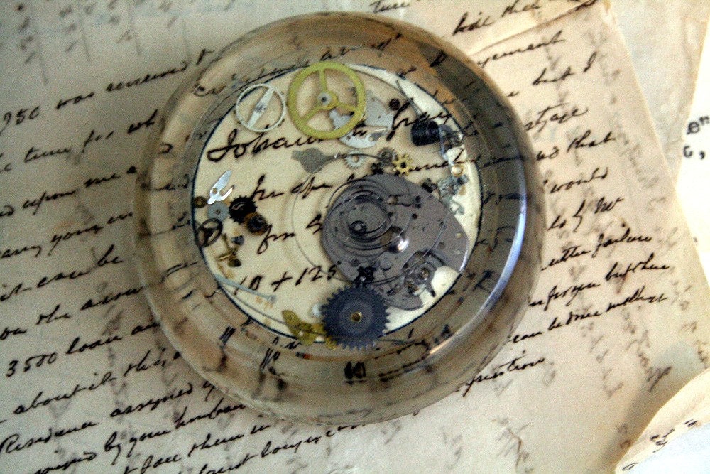 Vintage Glass Paperweight Steampunk Gears & Springs