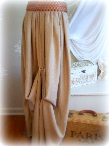 Long Skirt, Maxi Rayon Skirt, FOOTLOOSE, Khaki, Taupe,Bustle, Tall, Medium Large,Self tie, Elastic waist, tapered hemline