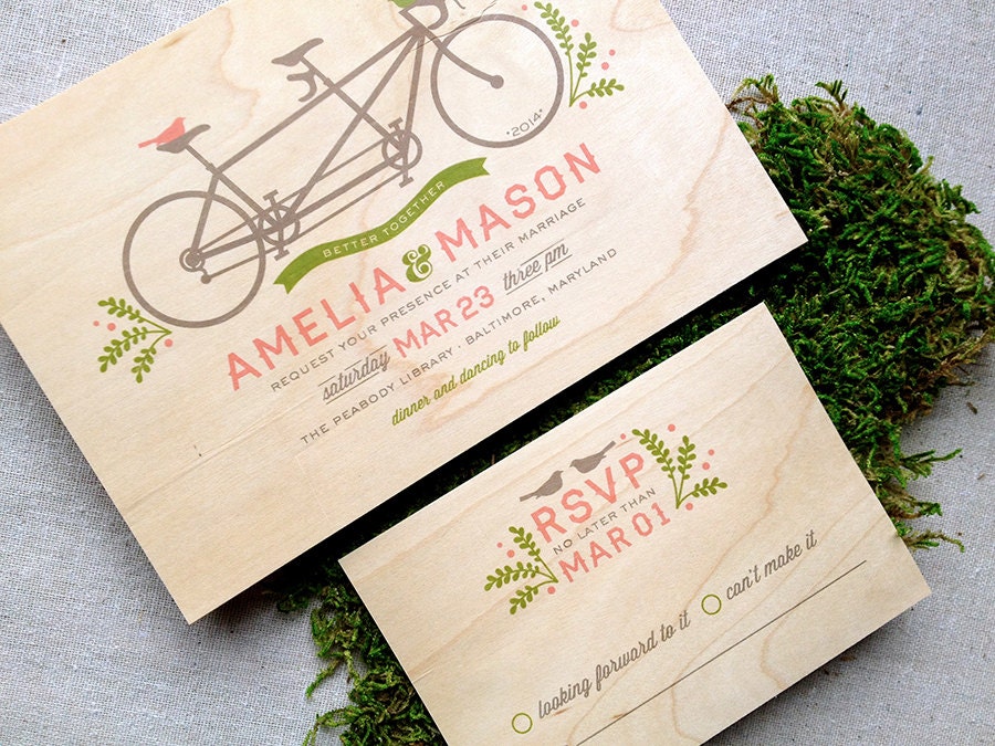 Tandem Bike & Birds Real Wooden Wedding Invitation