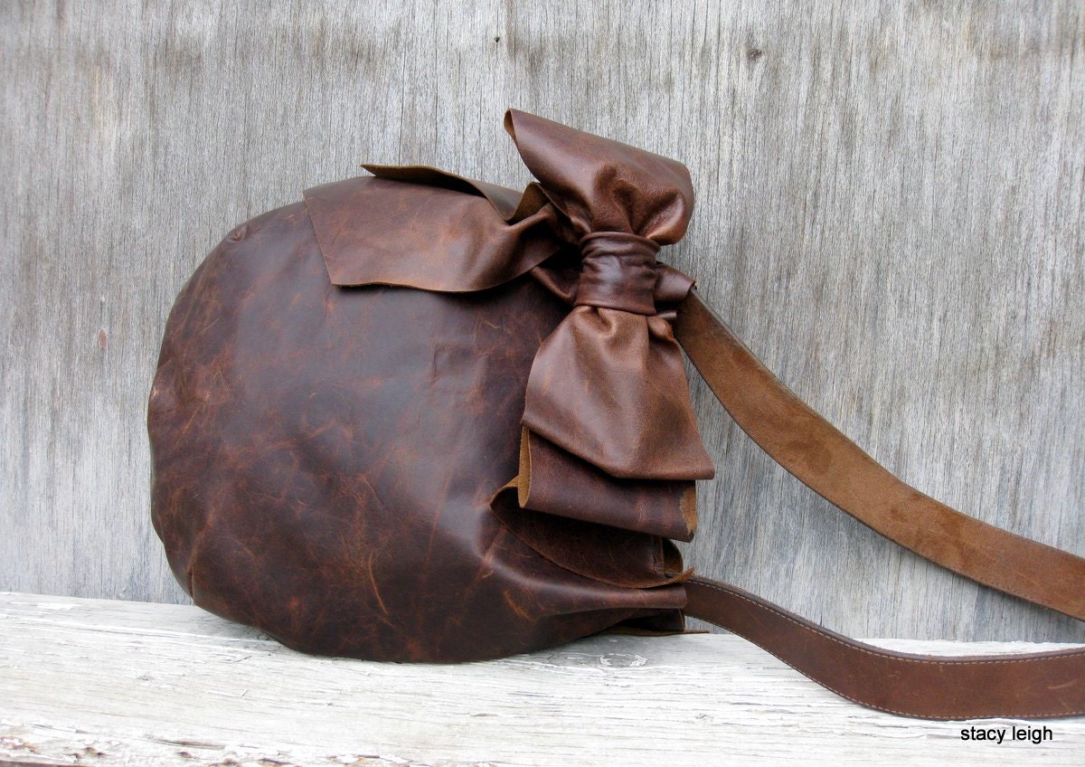 Old Attic Egg Shaped Bag with Large Bow in Distressed Brown Leather by Stacy Leigh