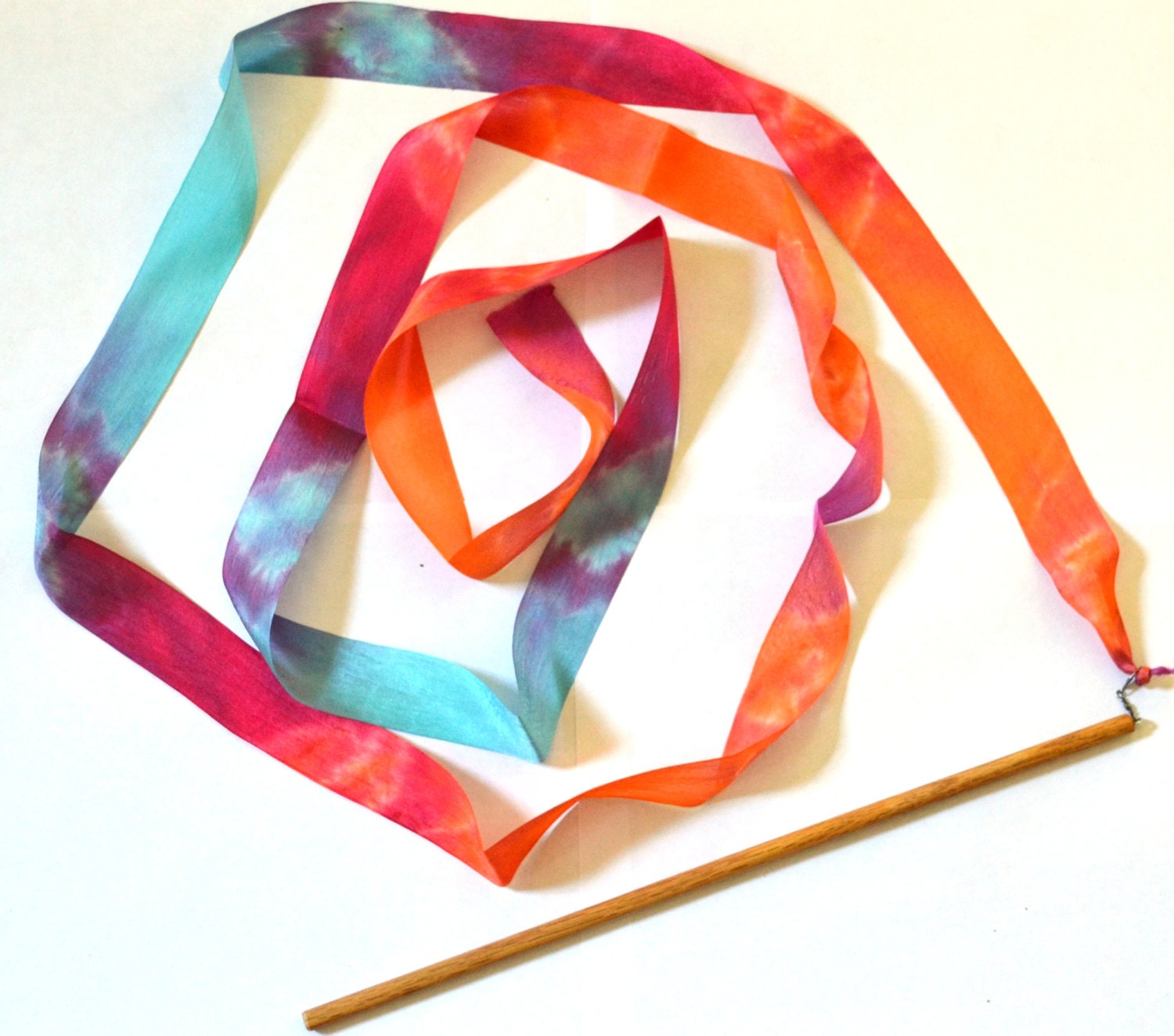 Hand-dyed "blorange" silk ribbon stick wand for children's play, with woodburned personalization
