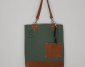 BUSKER // Large Vintage Army and Suede Tote / Brown Leather Tote Bag / Army Canvas Tote / Tote Bag with Pockets