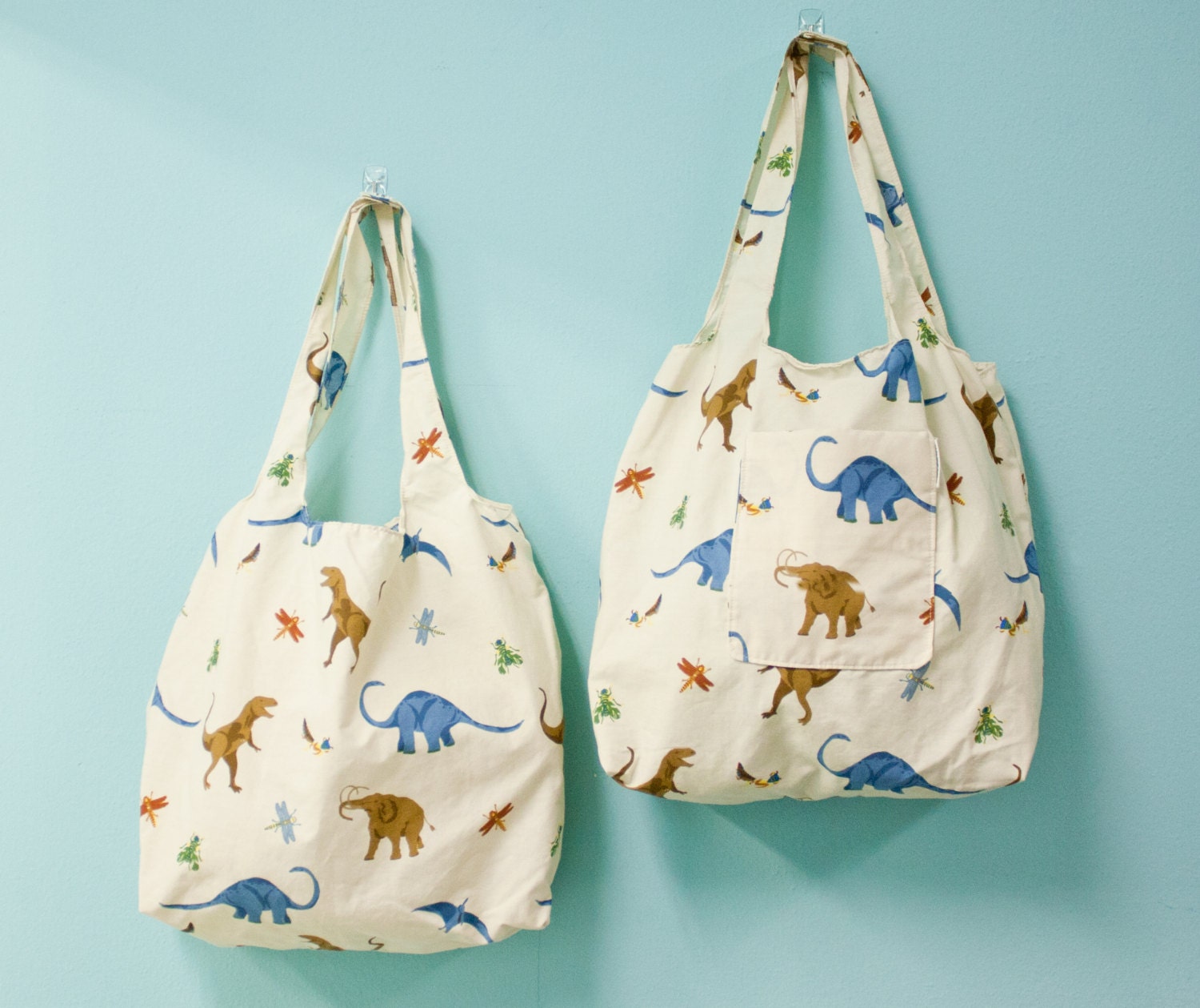 Grocery Shopping Tote Bags Set of 2 - Tote2Go Double Shoppers - Dinosaurs
