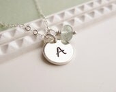 Custom initial necklace, personalized birthstone necklace, March moss aquamarine, silver initial, custom birthstone