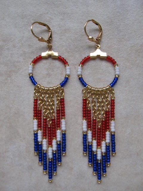 Seed Bead Chain Hoop Earrrings - Red/White/Blue
