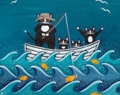 Fishing Trip Original Cat Folk Art Painting