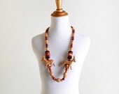 Vintage Wood Necklace - 1970s Deer Hand Carved Long Necklace