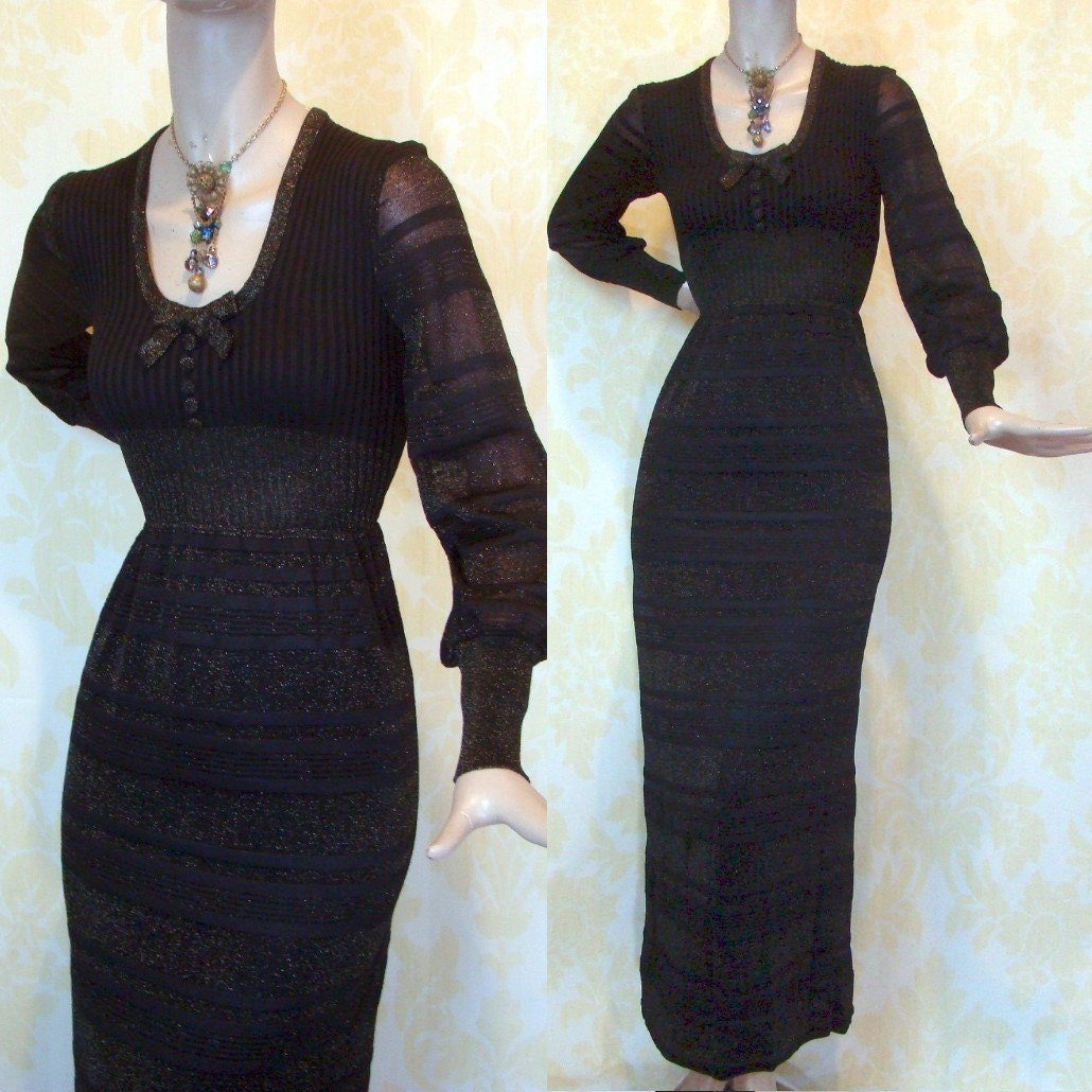 Vintage 70s Maxi Dress XS S M - Metallic Lurex Knit - LAURA APONTE Sweater Pinup Gown