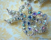 Vintage BSK Earrings Brooch - Rhinestone Bows - Aurora Borealis Set - Unworn