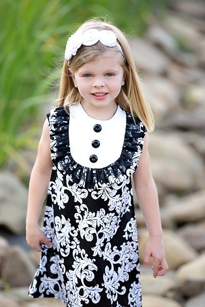 Retro  1960's style  sleeveless Layla dress... with bib and ruffle with lace-children clothing