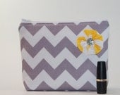 Divided Cosmetics Bag - 2 Compartments - Grey Chevron Stripes with Gold Rosette