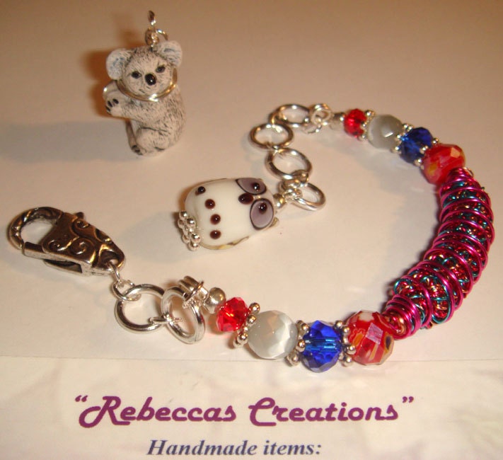OWL lampwork Bead Dangle and Hotpink Blue Copper Wirebead Bracelet with - number73- Limited Editions
