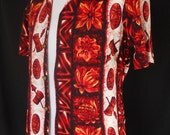 Vintage 60s Mens Hawaiian Shirt  1960s Tiki Masks and War Drums Vertical Print  by Ui Maikai - Aloha Hawaiian Cotton Shirt - Size M