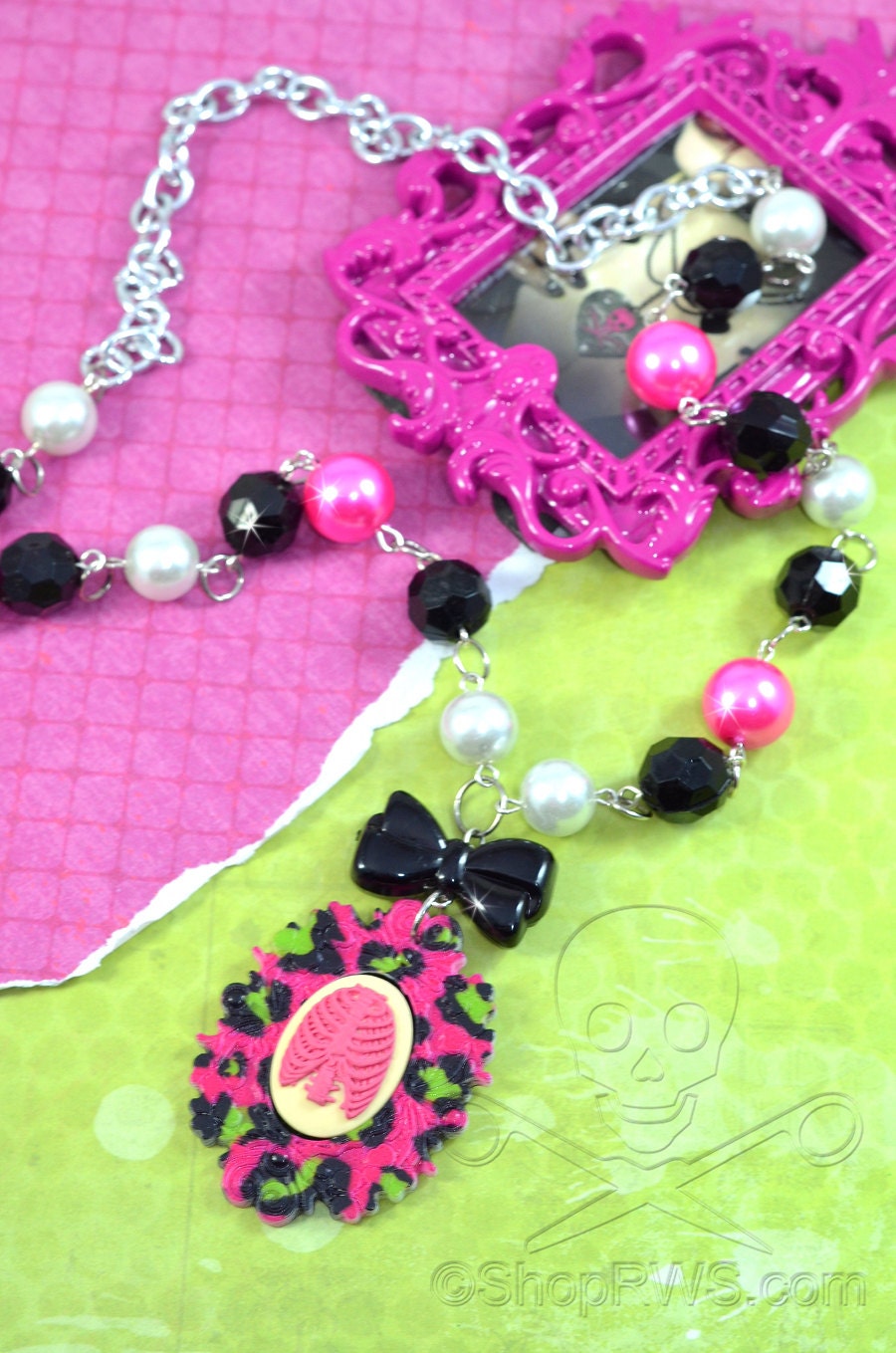 BREATHTAKING - Neon Green and Pink Leopard Print Cameo Ribcage Necklace