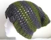 Striped Slouchy Hat - Grey and Green Cap with Buttons