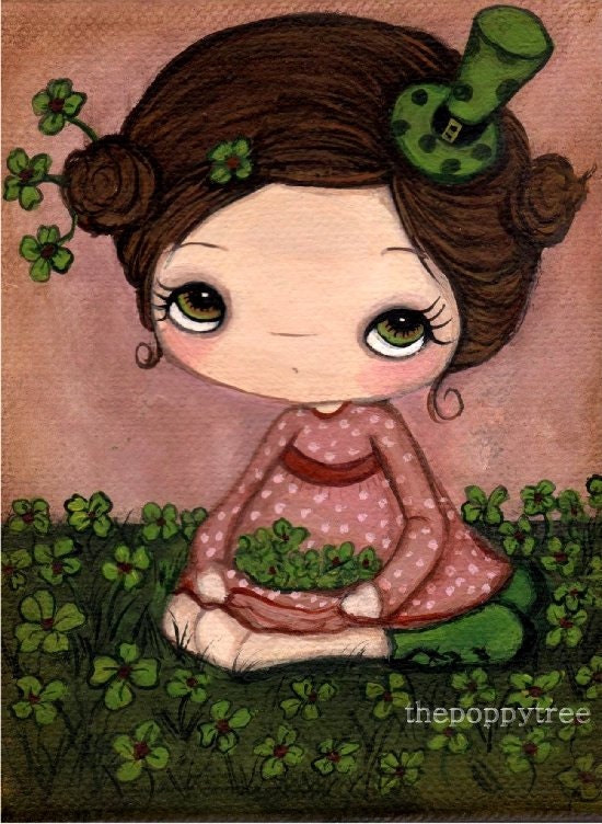 Clover Print Green Irish Girl Art---Lucky  5 x 7