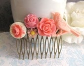 Spring Woodlands Inspired. Bridal Wedding. Floral Hair Comb. Pink Bird, Rose, Pink Lotus, gerbera. Romantic Collage Shabby Chic Accessory