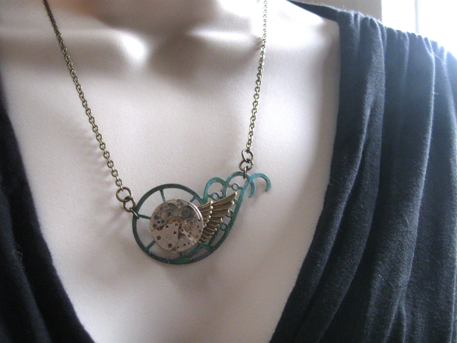 Brass Steampunk Necklace, verdigris - vintage watch movement - angel wing charm - Botanical Bird original design