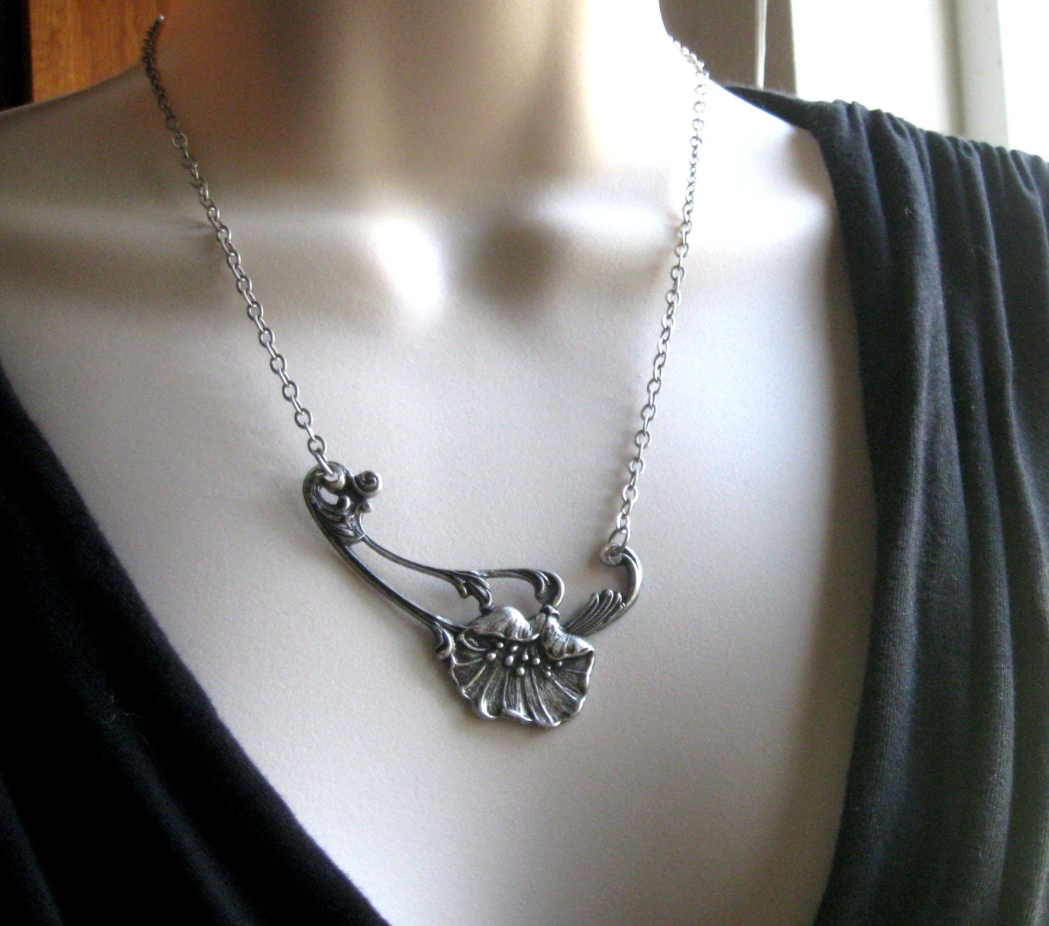 Poppy necklace, silver plated brass - antiqued silver pendant, flower necklace
