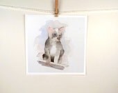 Kitten Original Watercolor Painting - Mothers Day - Kitten Painting, Pet Art - Kids Women men - Grey - Baby Nursery Dorm 8.5 x 8.5