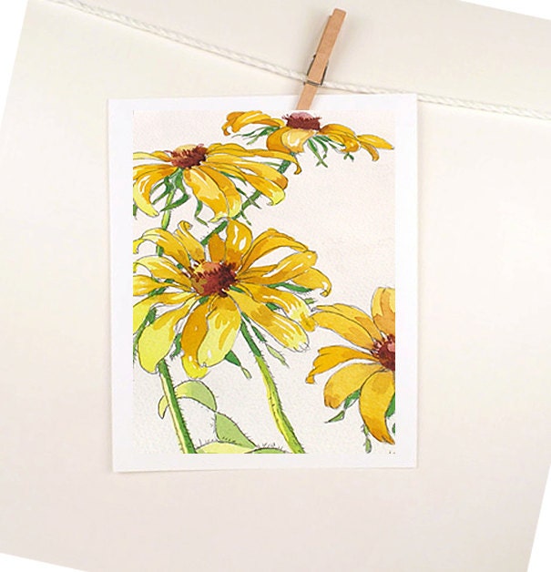 Big Yellow Flowers - Art Watercolor Painting Print - Daisy Mustard Yellow Flowers Floral Nature Green - ACEO to 8 x 12