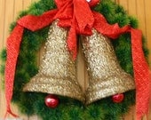 Christmas, Vintage Department Store Christmas Wreath, Golden Bells, Red Bow, Front Door Decor, Plastic Pine Needles