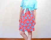 vintage 1970s / bold floral /  high waist  / coral and turquoise / skirt / S