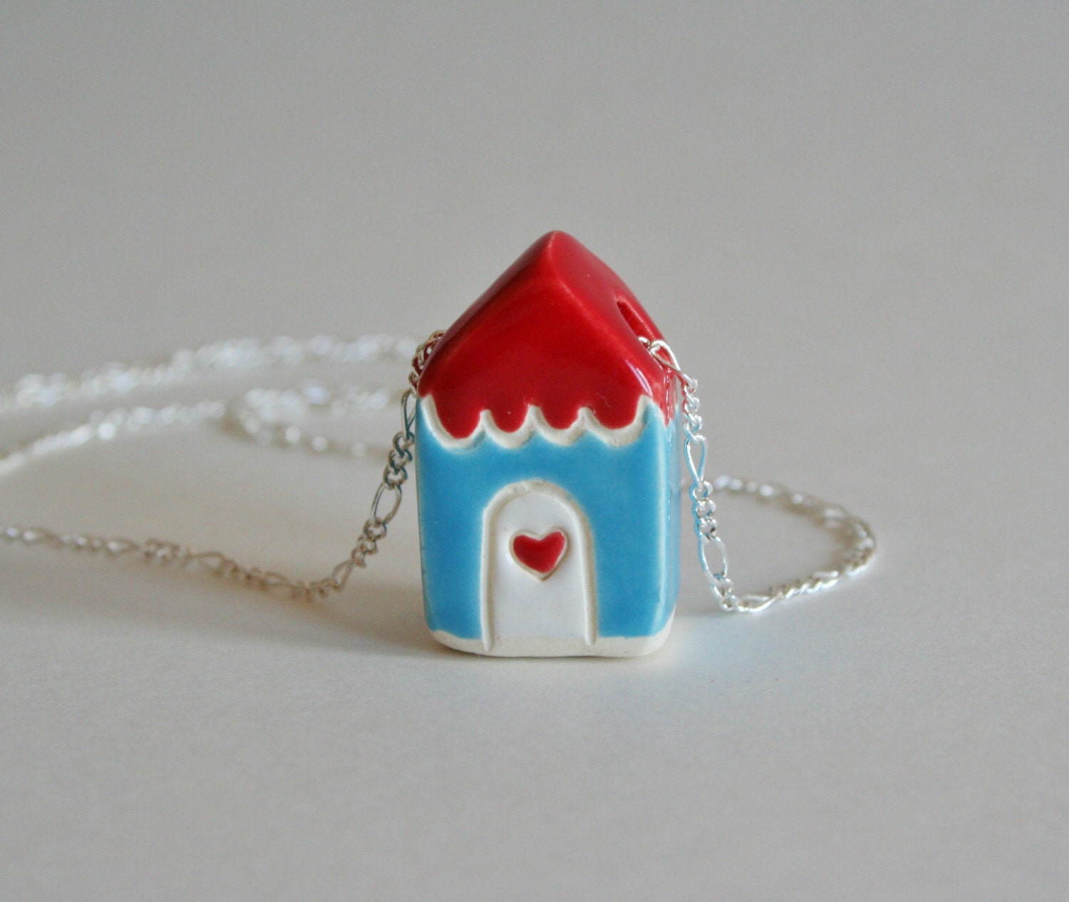 Sterling Necklace  Red Aqua White Heart Love House Ceramic Pendant Gnome Home Wearable Art
