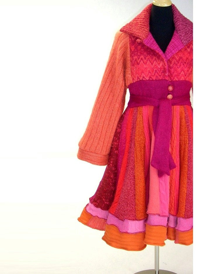 Sweater Coat in Coral, Pink and Orange, Up cycled Sweater Coat , Marilyn Style, Size Medium-Large (14-16)