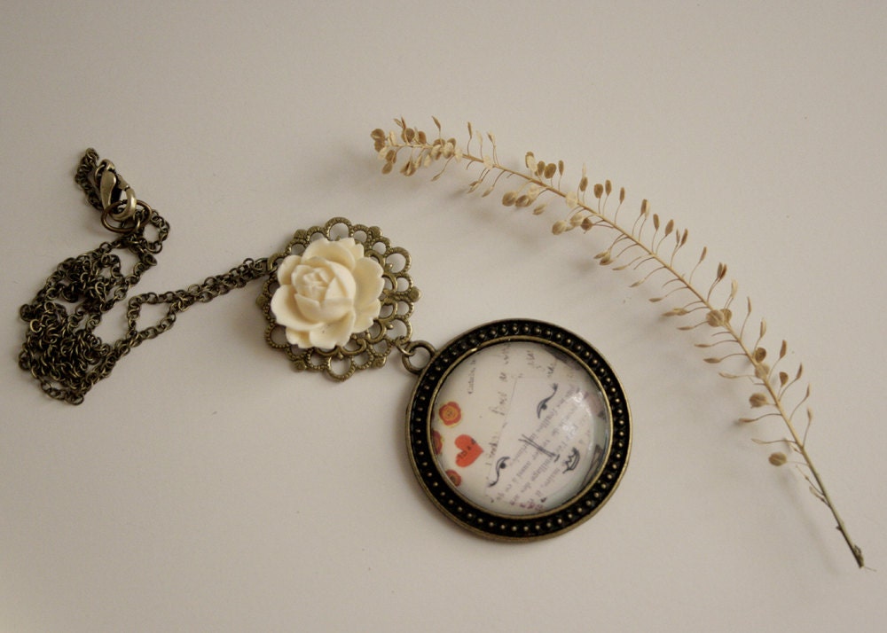 Necklace - Pendant - Paper Collage Doll - Small white rose