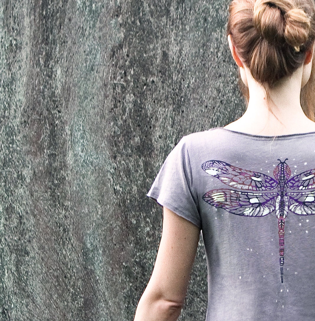 Women's dusty purple Dragonfly Tee Original art of a detailed handpainted Dragonfly