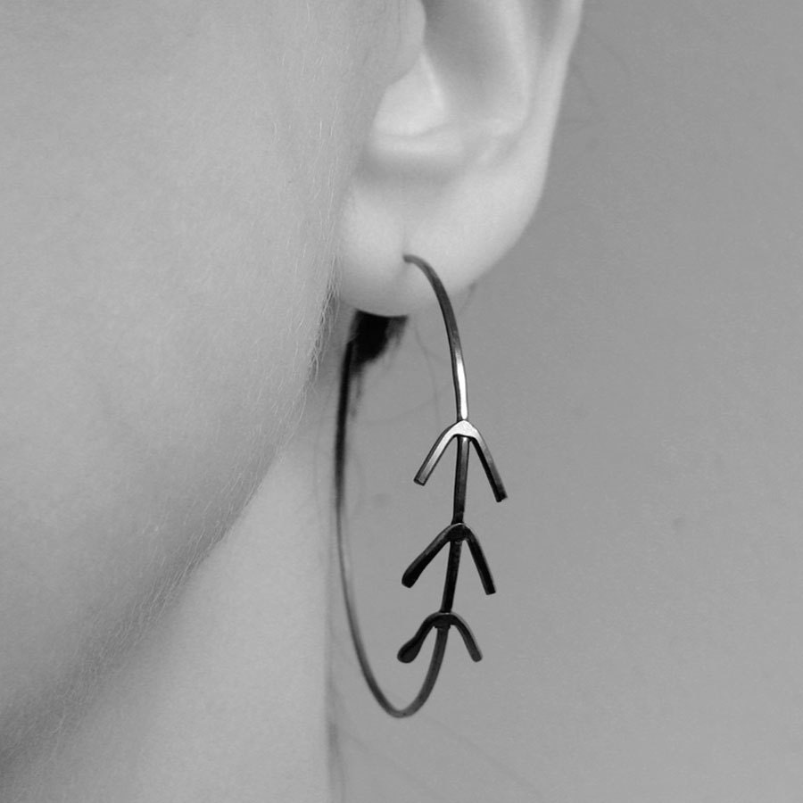 Black Hemlock Hoop Earrings 2 inch recycled silver arrow wreath