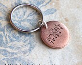 One GPS Coordinates Keychain.. Hand Stamped Nautical custom antiqued metal charm.. Round pendant Copper, Silver, Gold.. Father's Day gift