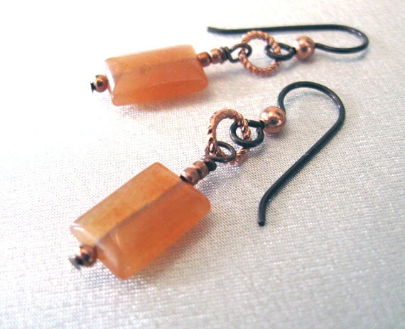 Carnelian Earrings, Niobium Hooks, Gemstone Rectangle Beads Copper Accents