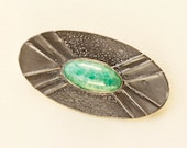 Art Deco Oval Pewter Brooch with Green Peking Glass Cabouchon -1920's