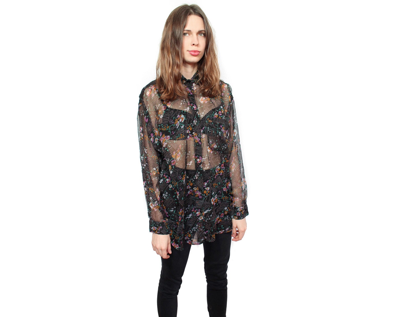 Sheer floral black vintage blouse Medium