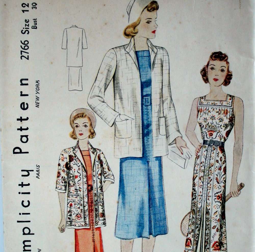 Vintage 1930s Sundress & Jacket Pattern Simplicity 2766 Bust 30 Factory Folded